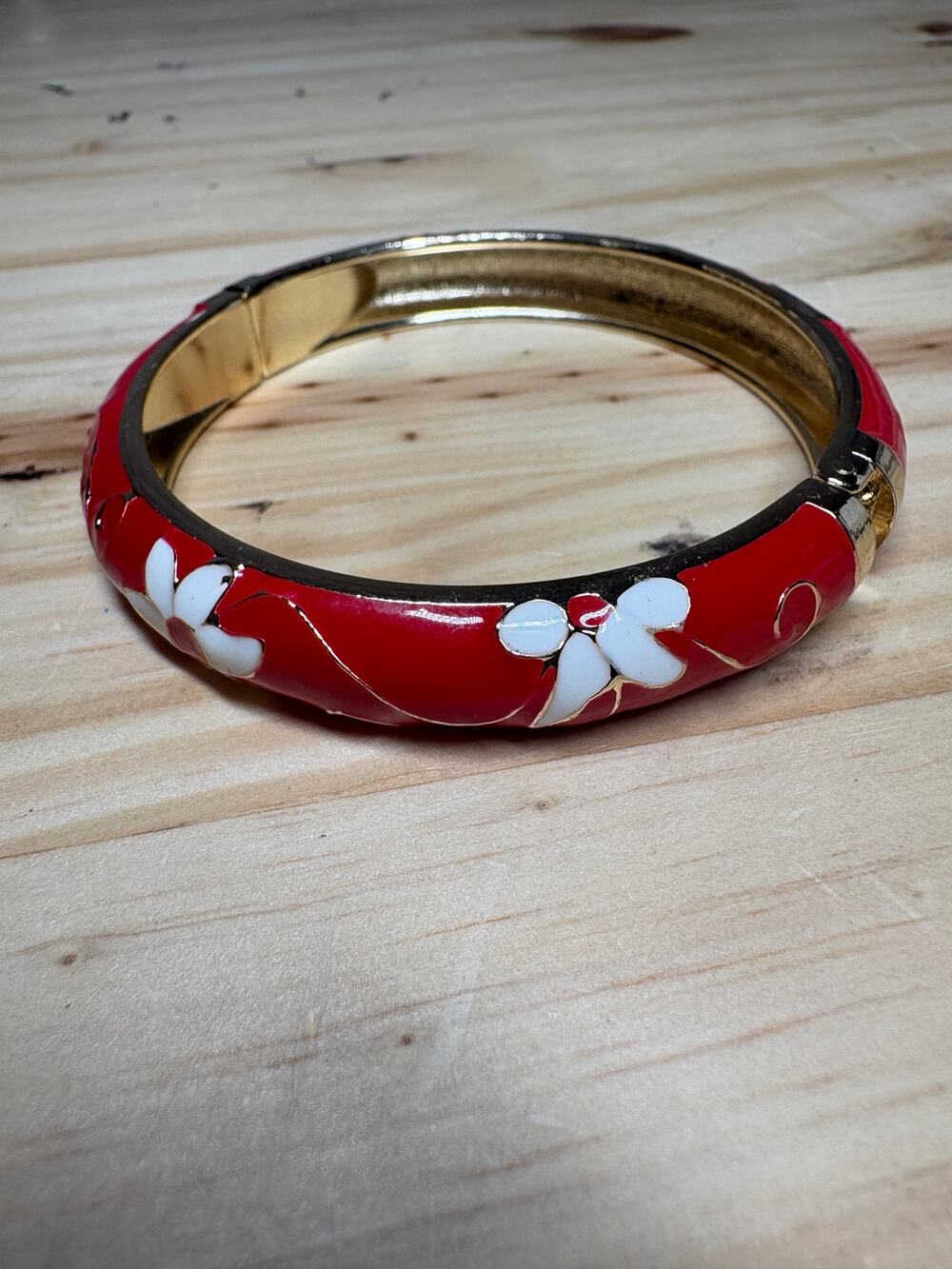 JTF Cloisonne Enamel Hinged Bangle Bracelet Red Floral Enamel Gold